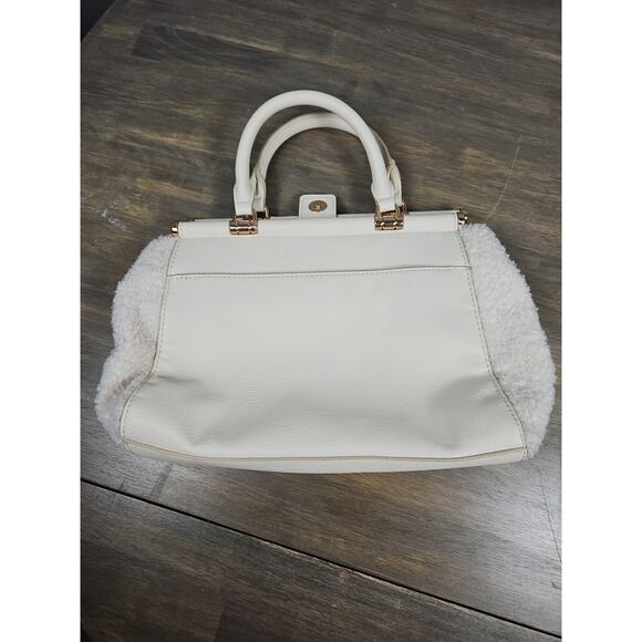 Lauren Conrad Ivory Sherpa Side Faux Leather Satchel Bag Gold Hardware Winter - Picture 2 of 9